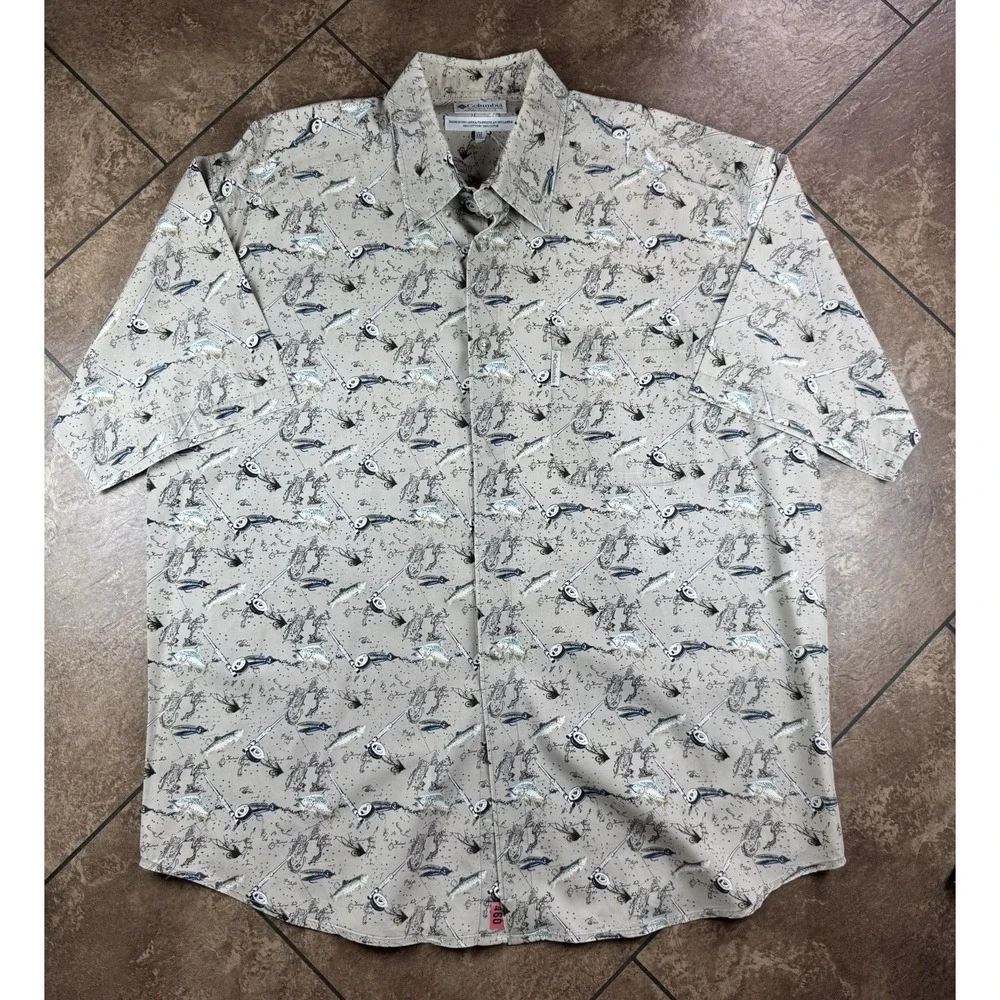 Vintage 90s Columbia Mens 2XL All Over Print Fly Fishing Collared Button Shirt